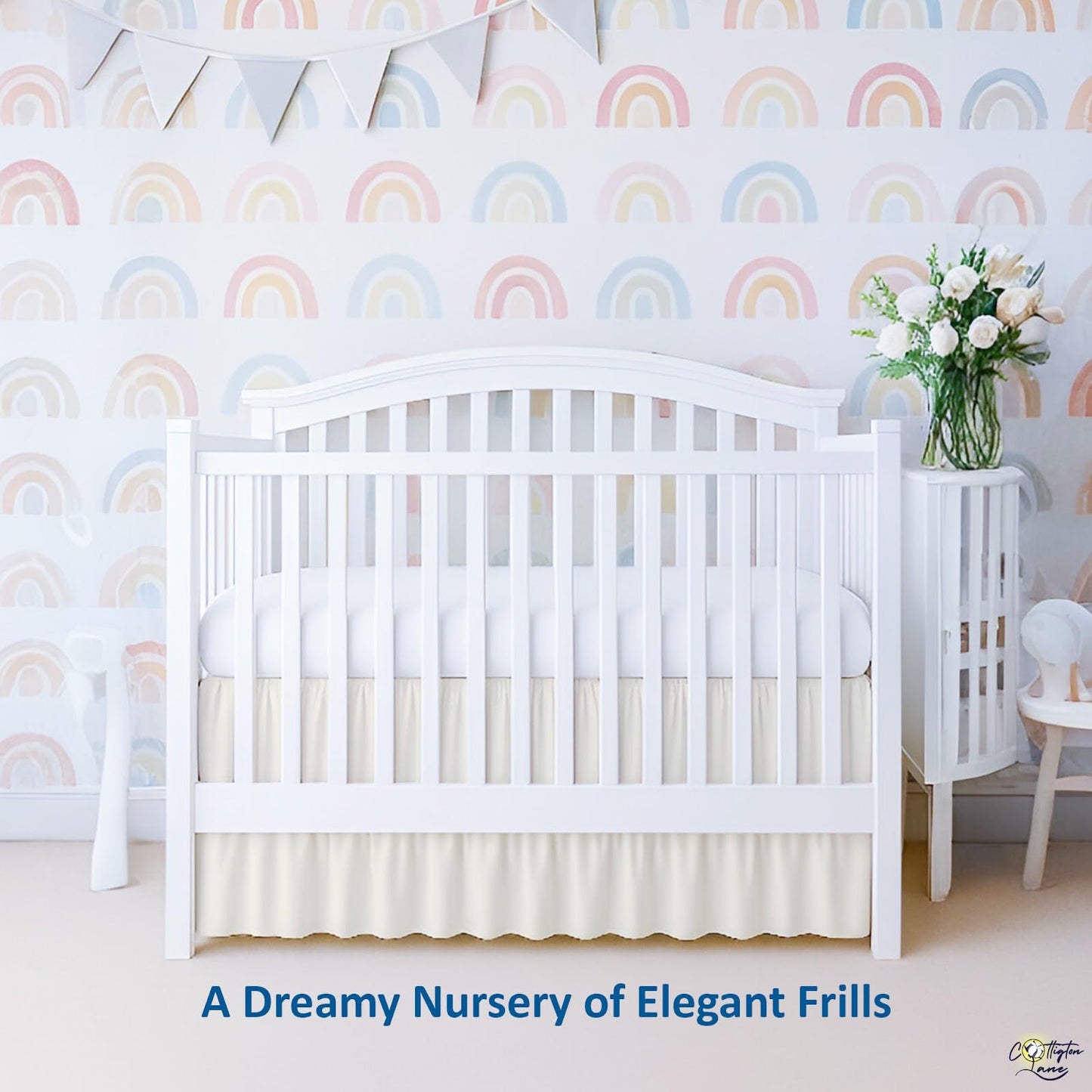 Cottington Lane Ivory Crib Skirt Dust Ruffle, Soft & Durable Nursery Crib Toddler Bedding Skirt for Baby Girls or Boys, Fits Standard Cribs 28" x 52" with 14" Drop, Classic Ruffled Design