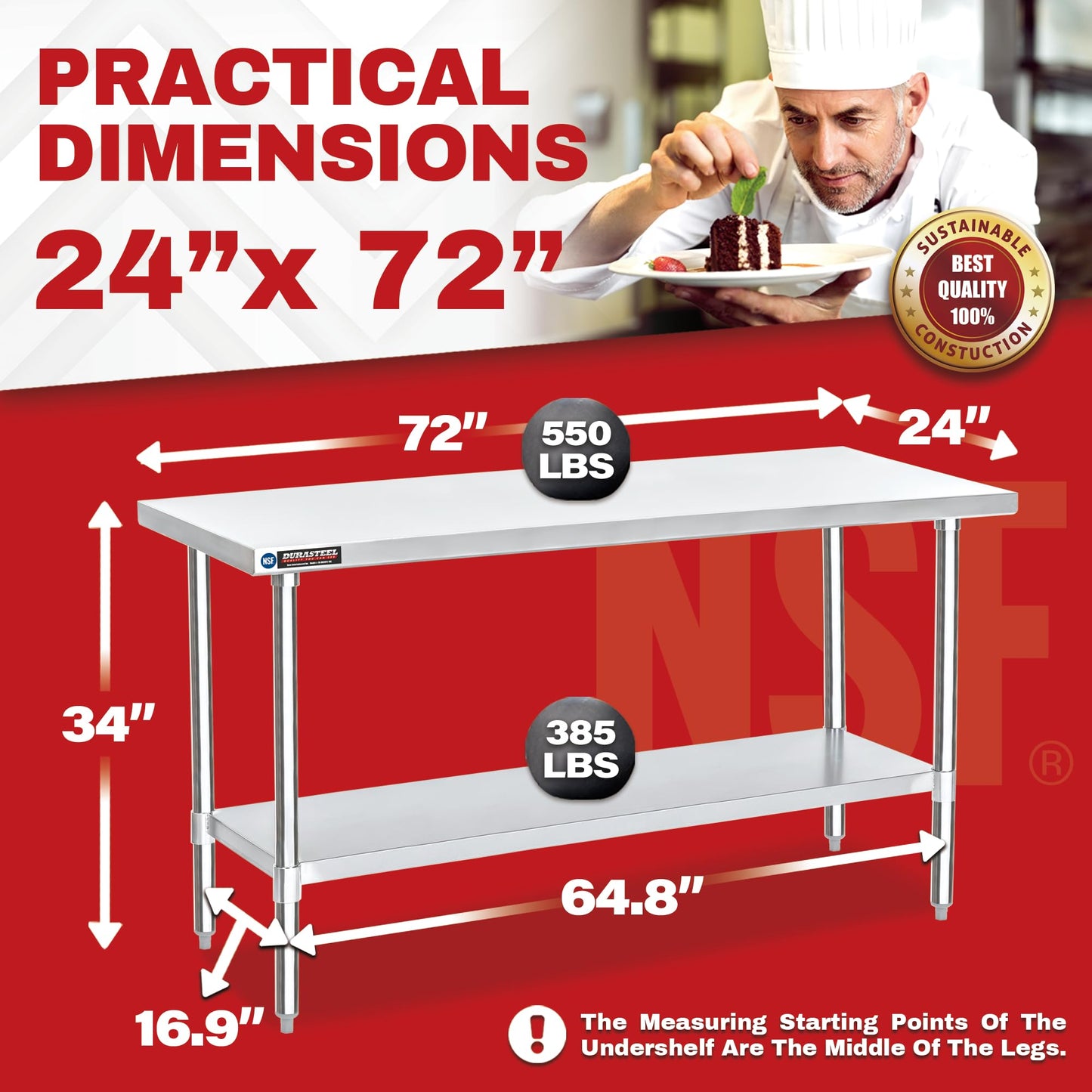 DuraSteel 24x72 Stainless Steel Work Table - NSF Commercial Prep Metal Table w/Adjustable Under Shelf - Kitchen Outdoor Pizza Oven Stand, Garage Workbench, Laundry Utility Worktable - 350 lb Capacity