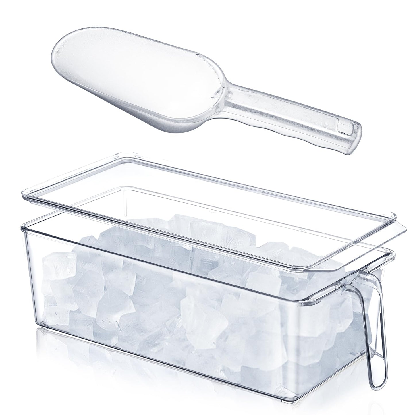Havawish 2 Pcs Ice Storage Bin for Freezer with Lid and Flexible Scoop Set Plastic Ice Container with Lid Handle for Home Office Fridge Storage (12.4 x 5.91 x 3.94 Inches,Clear)