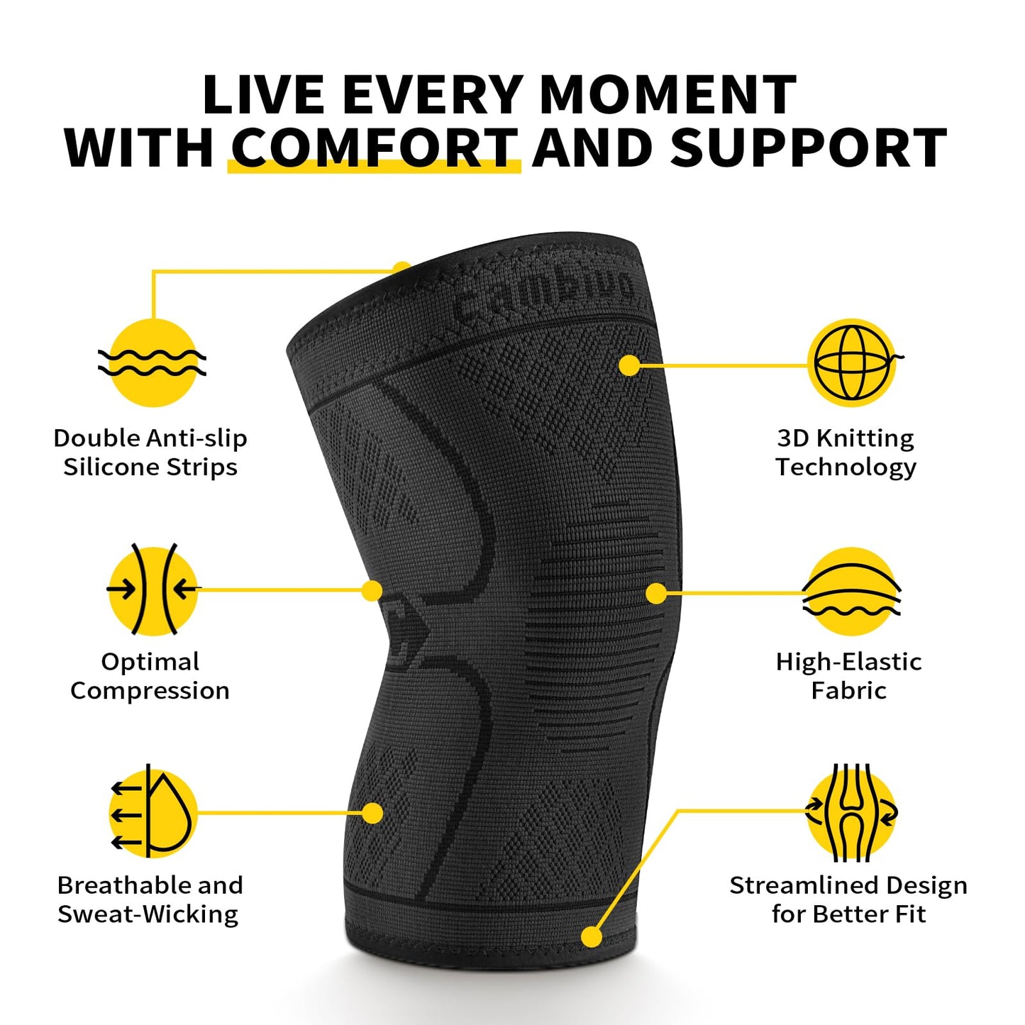 CAMBIVO 2 Pack Knee Braces for Women & Men, Knee Compression Sleeves for Knee Pain Relief, Knee Support with Non-Slip Silicone, Breathable, for Running, Workout, Weightlifting & Daily Use, Arthritis Support (Black, Medium)