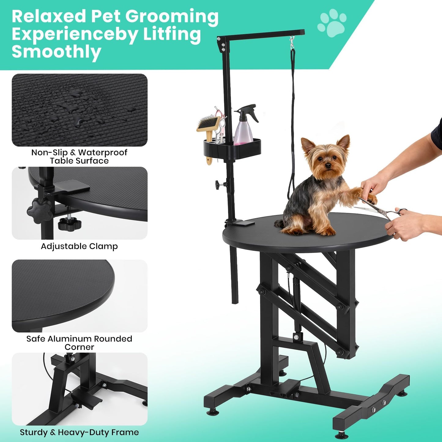 Hydraulic Lift Dog Grooming Table, Adjustable Height 26.8" to 39.3", Rotating Non-Slip Silicone Surface – Collapsible, Portable, 250LB Capacity,– For Large & Small Dogs or Cats – Pet Bathing