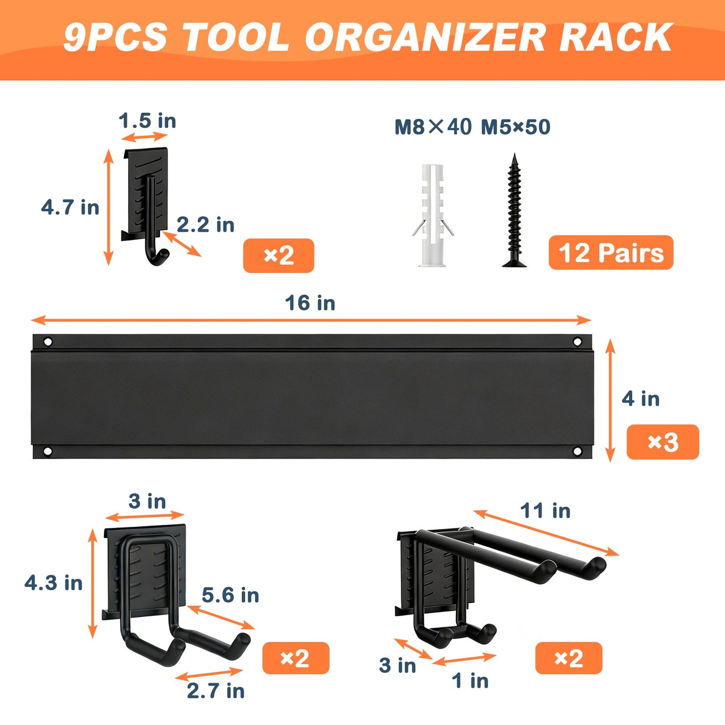 Ultrawall Garden Tool Organizer, 48 Inch Garage Tool Organizer Wall Mount, Heavy Duty Steel Wall Holders for Tools, 400lb Weight Capacity