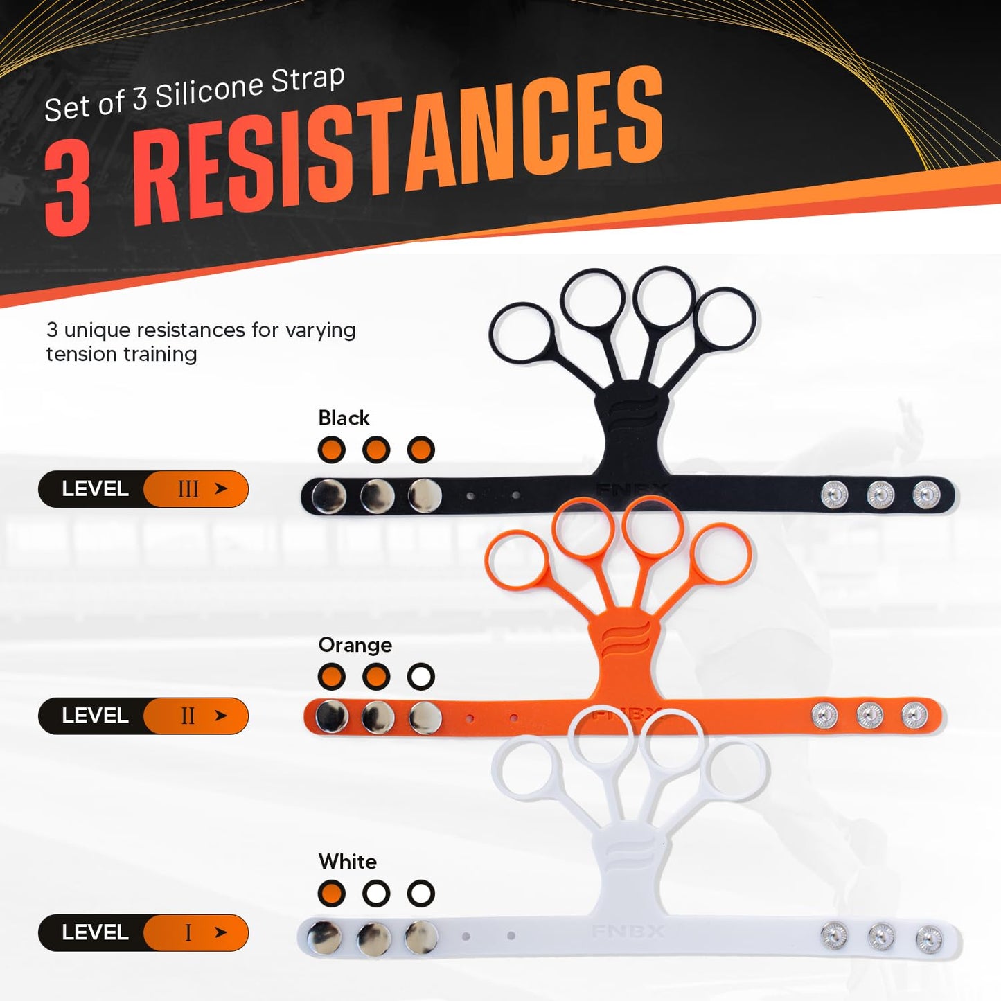 FNBX FlickGlove Basketball Shooting Aid, Training Equipment for Improving Shot and Form, Set of 3 Silicone Strap Resistances, White, Black and Orange
