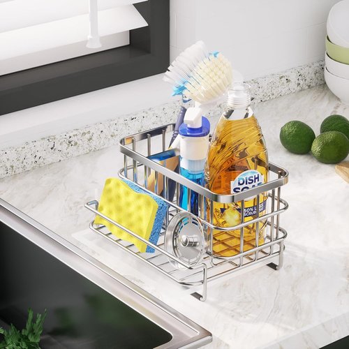 HapiRm Kitchen Sink Organizer - Rustproof SUS304 Stainless Steel Caddy with Sponge Holder | Large Silver Design