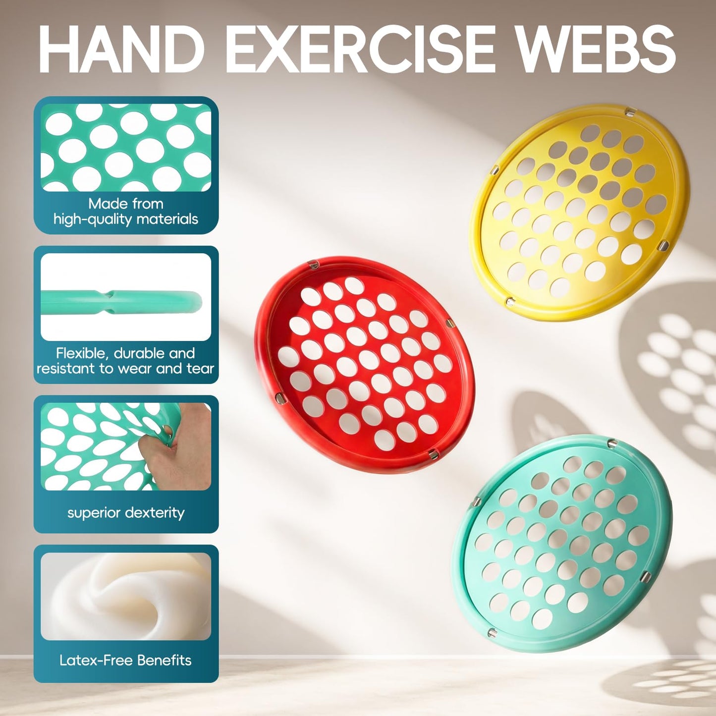 Finger Exerciser, Hand Exercise Webs for Physical Therapy, Hand Grip Strengthener, Grip Strength Trainer, Portable Size, Latex Free, 7" Diameter (Green-Heavy)