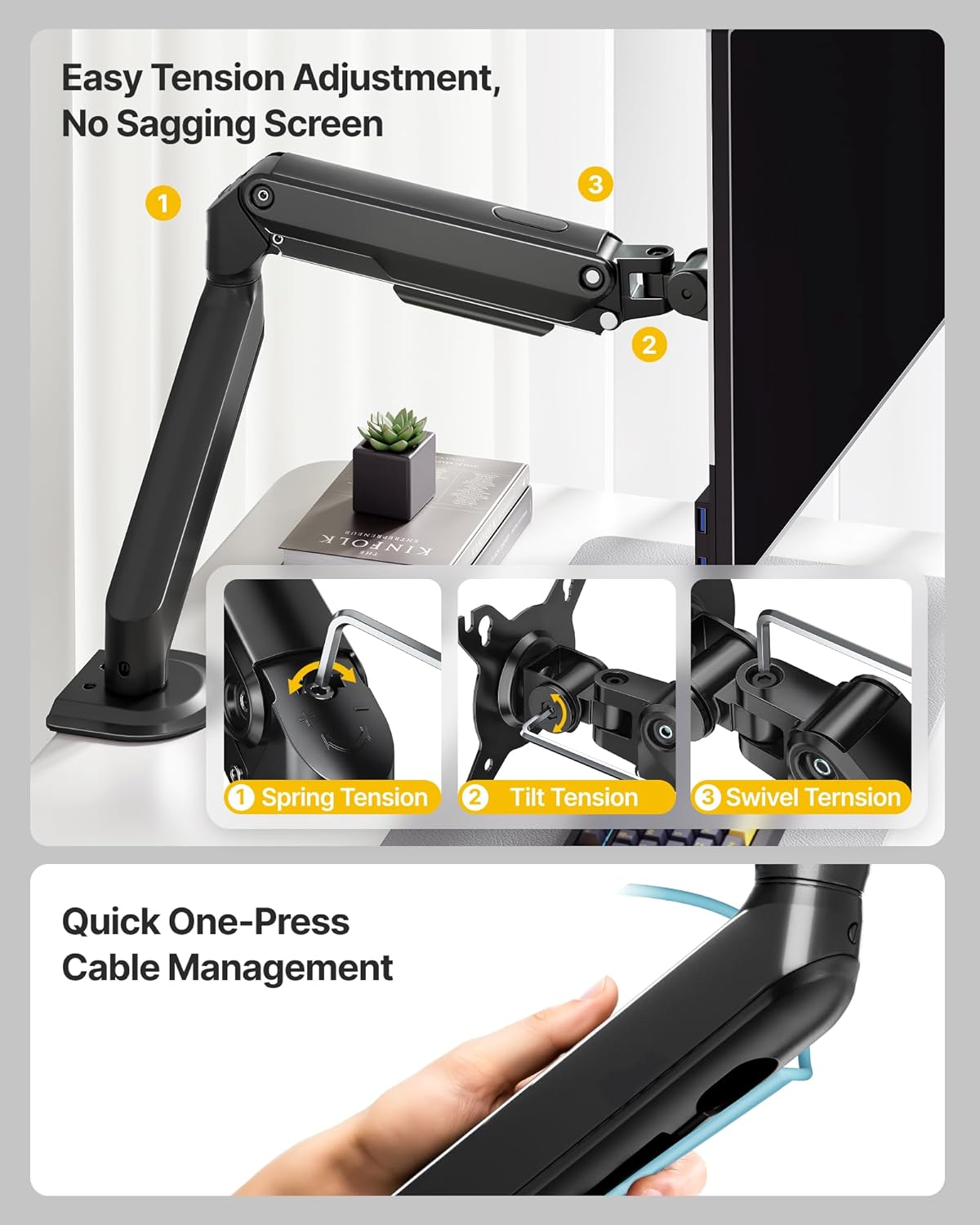 monTEK 17-32 Inch Grommet, 75/100, 20lbs Single Monitor Arm Mount for Screens, Heavy Duty Steel Mechanical Spring Desk