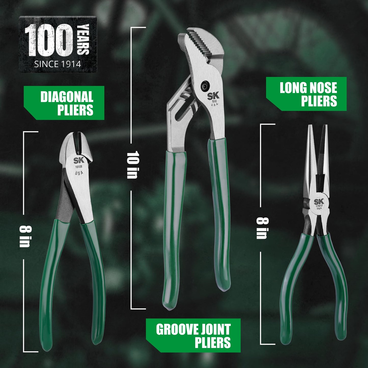 SK Tools USA 3 Piece Water Pump Pliers Set: Diagonal Cutting, Long Nose Cutting, Tongue & Groove | 17840