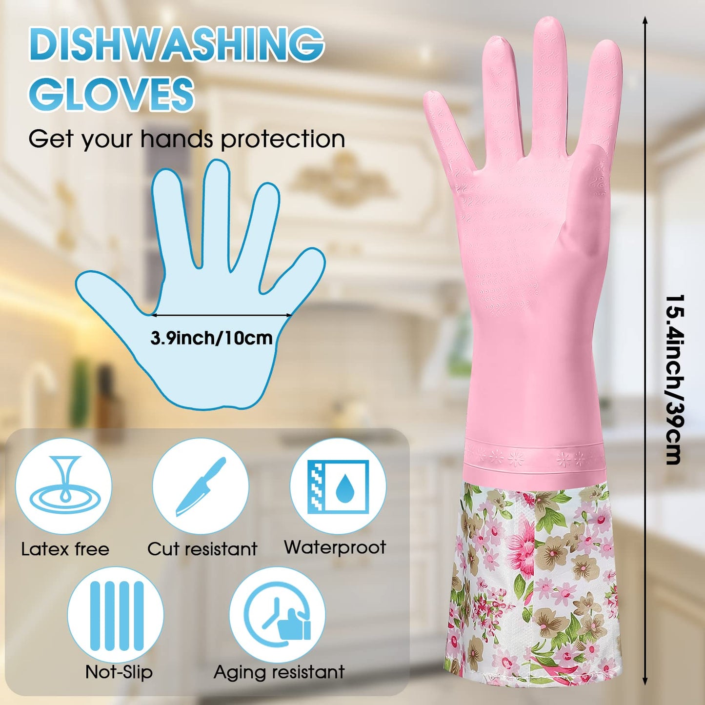 Mimorou 9 Pairs Household Dishwashing Rubber Gloves Long Cuff and Flock Lining Cleaning Gloves Reusable Waterproof
