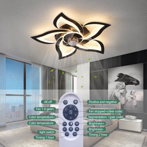 HuixuTe 24" Geometric Ceiling Fan with Lights Remote Control, 6 Speeds 3 Colors Black Low Profile Ceiling Fan with Light for Kitchen Bedroom Living Room