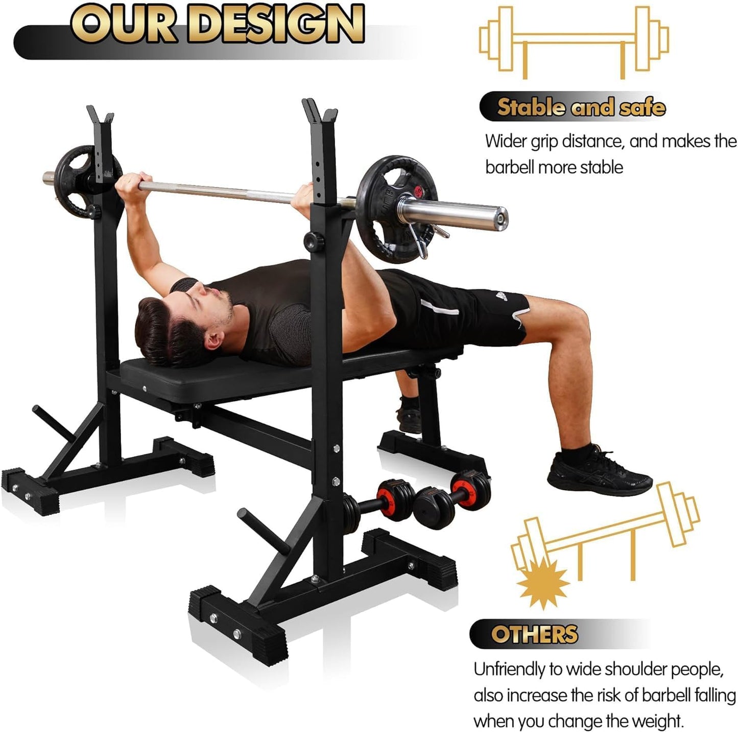 Bench Press, CANPA Olympic Weight Bench with Squat Rack Workout Bench Adjustable Barbell Rack Stand Strength Training Home Gym Multi-Function(dark black)