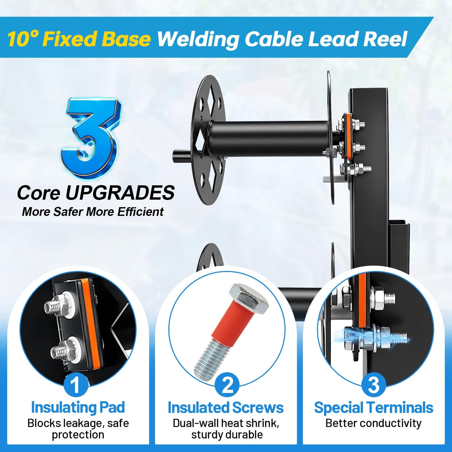 𝑼𝒑𝒈𝒓𝒂𝒅𝒆 Heavy Duty Double Welding Lead Reel, 10° Fixed Base Cable Lead Reel with Insulated Sealing Gaskets & Screws No Leaks No Shorts, Fits 150ft 1/0 or 125ft 2/0 Cable for Trucks Industrial