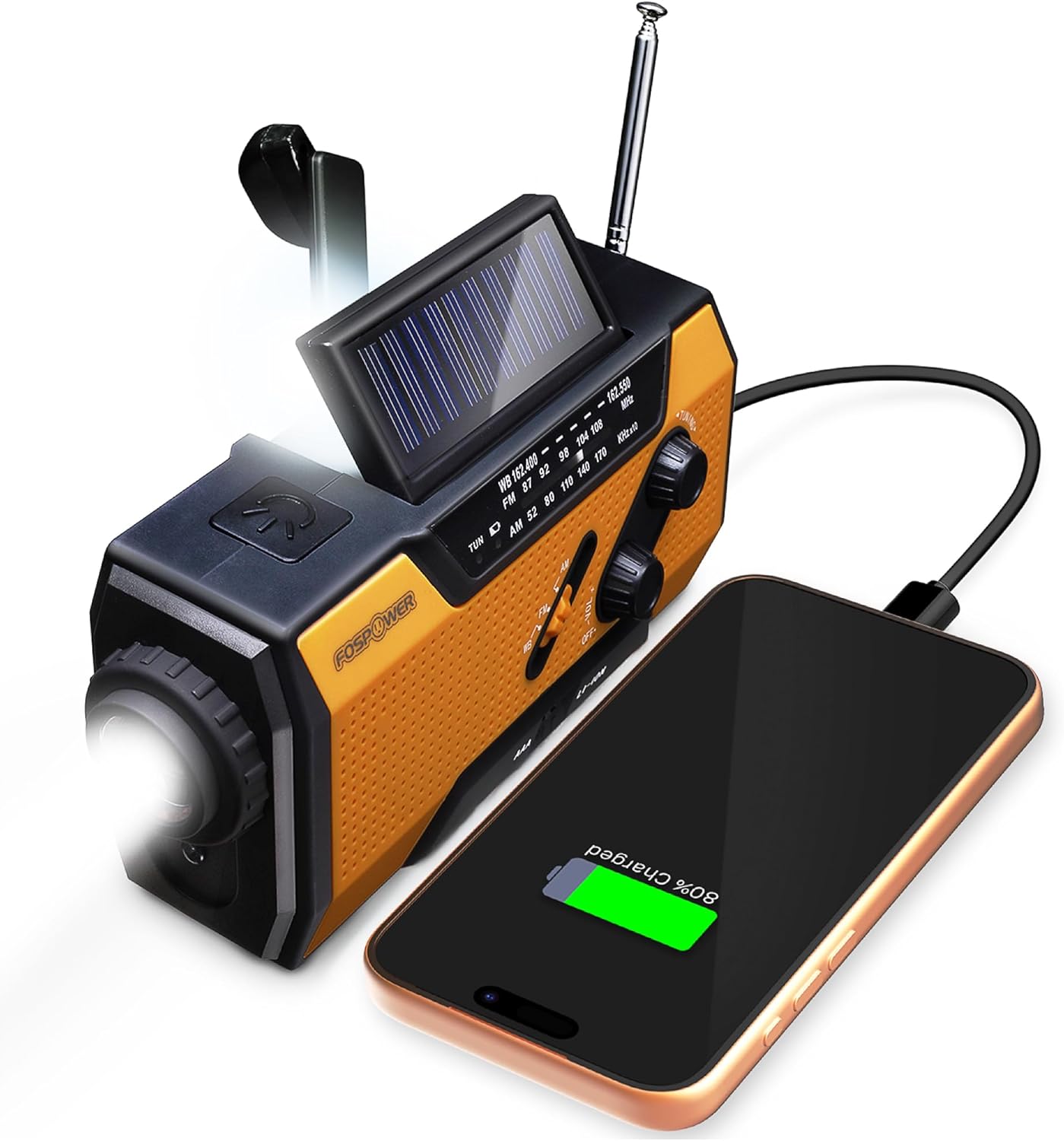 FosPower A1 7400mWh NOAA Emergency Weather Radio Portable Power Bank, AM/FM, USB/Solar/Hand Crank Charging, Battery
