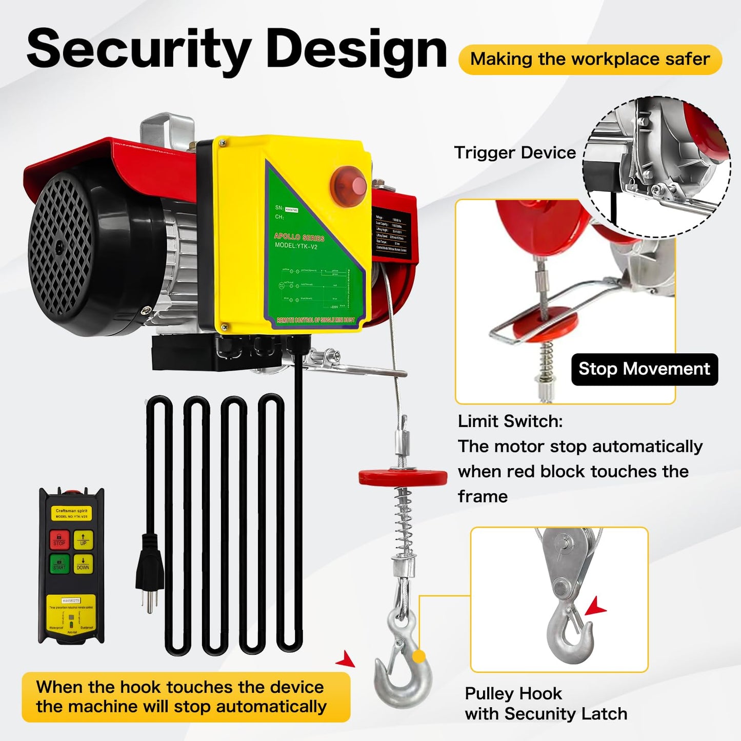 FITHOIST Electri Hoist,2200lbs 110V Electric Steel Wire Winch with Wireless Remote Control,Electric Winch Single/Double Slings with Emergency Stop,for Garage, Warehouses, Factories