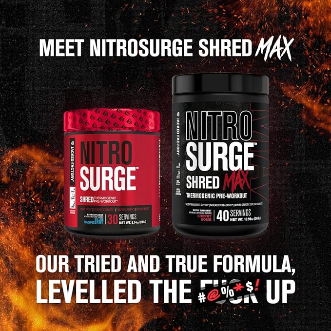 Jacked Factory NITROSURGE Shred Pre Workout Supplement - Energy Booster, Instant Strength Gains, Sharp Focus, Powerful Pumps - Nitric Oxide Booster & PreWorkout Powder - 30Sv, Watermelon