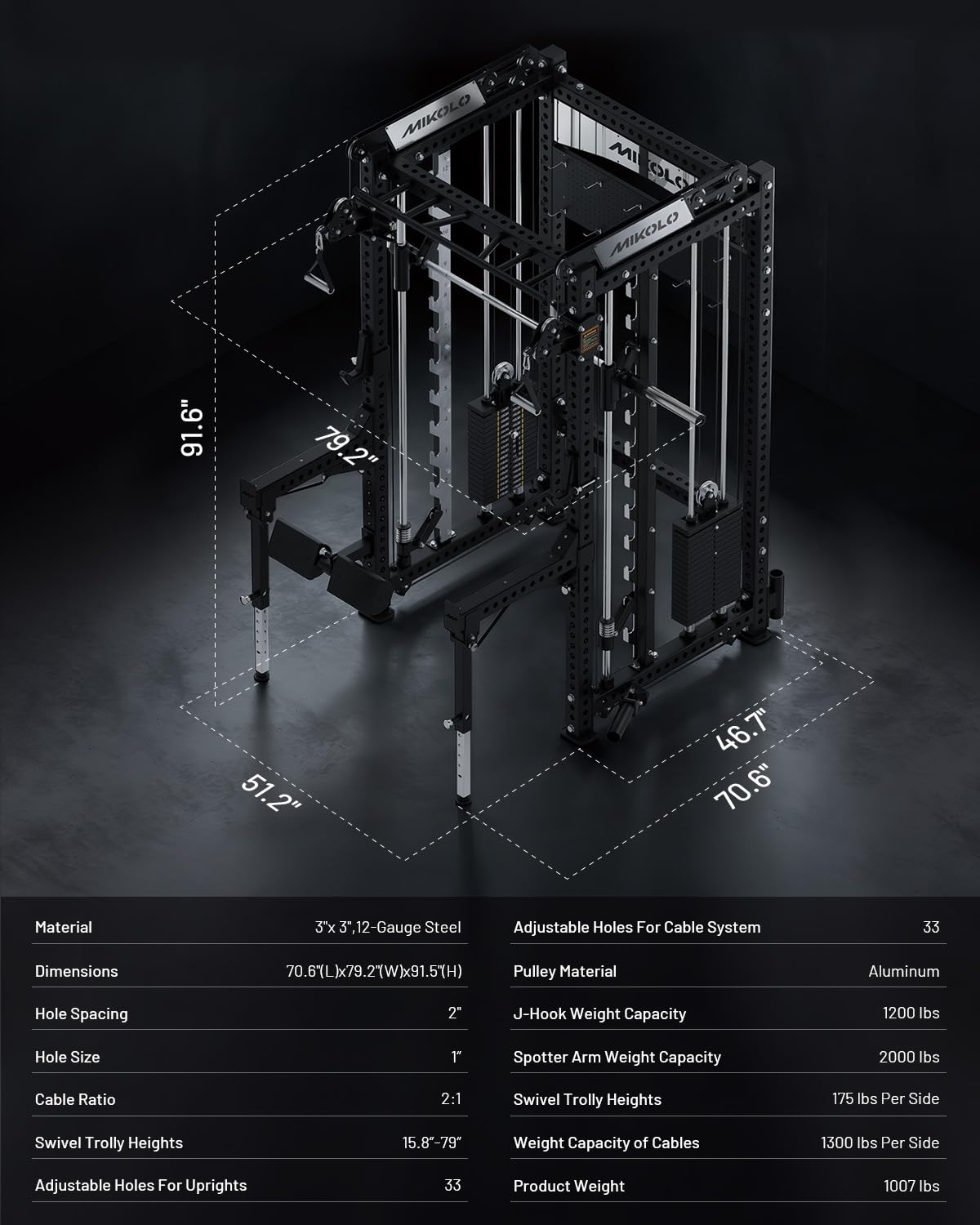 Mikolo Anubis-2.0 Ultimate Smith Machine, 2000LBS Power Cage with LAT Pulldown&Cable Crossover, Multi-Function Trainer with Aluminum Pulley System for Fitness Home Gym