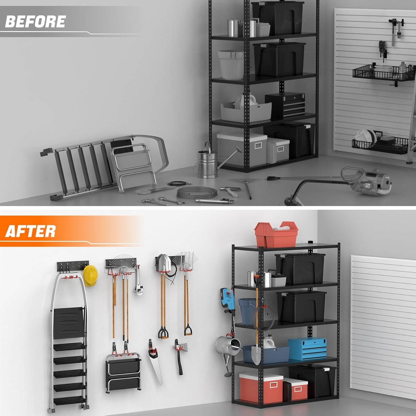 TORACK 24 PCS Garage Storage Hooks - Wall Mount Tool Organizer for Garden Tools, Ladders & More