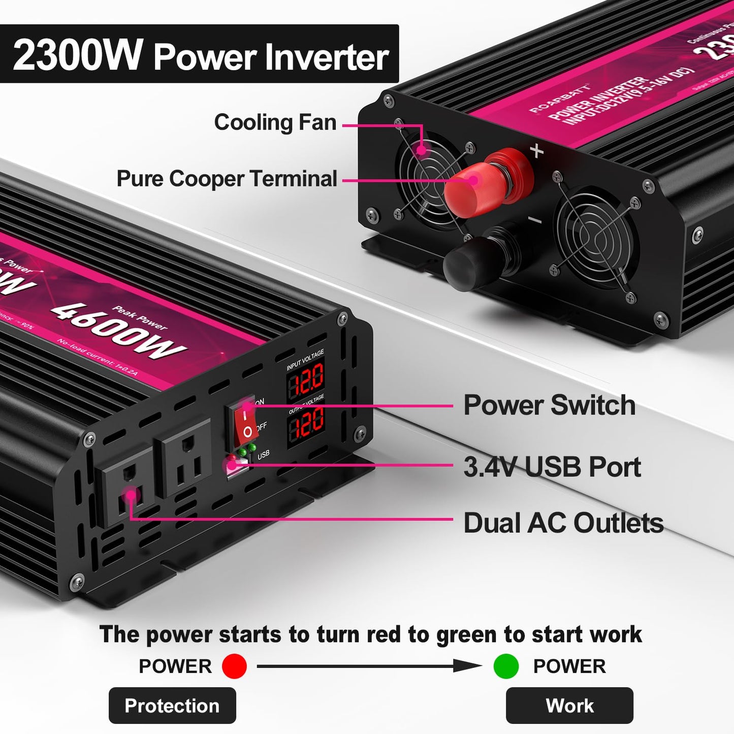 2300W Power Inverter,12V DC to AC 110V120V Peak Power 4600W with 2AC Outlets and 2.4USB Port,LCD Display Car Inverter for Power Converter Outdoor Activities,Emergency,Vehicles Truck RV Solar System