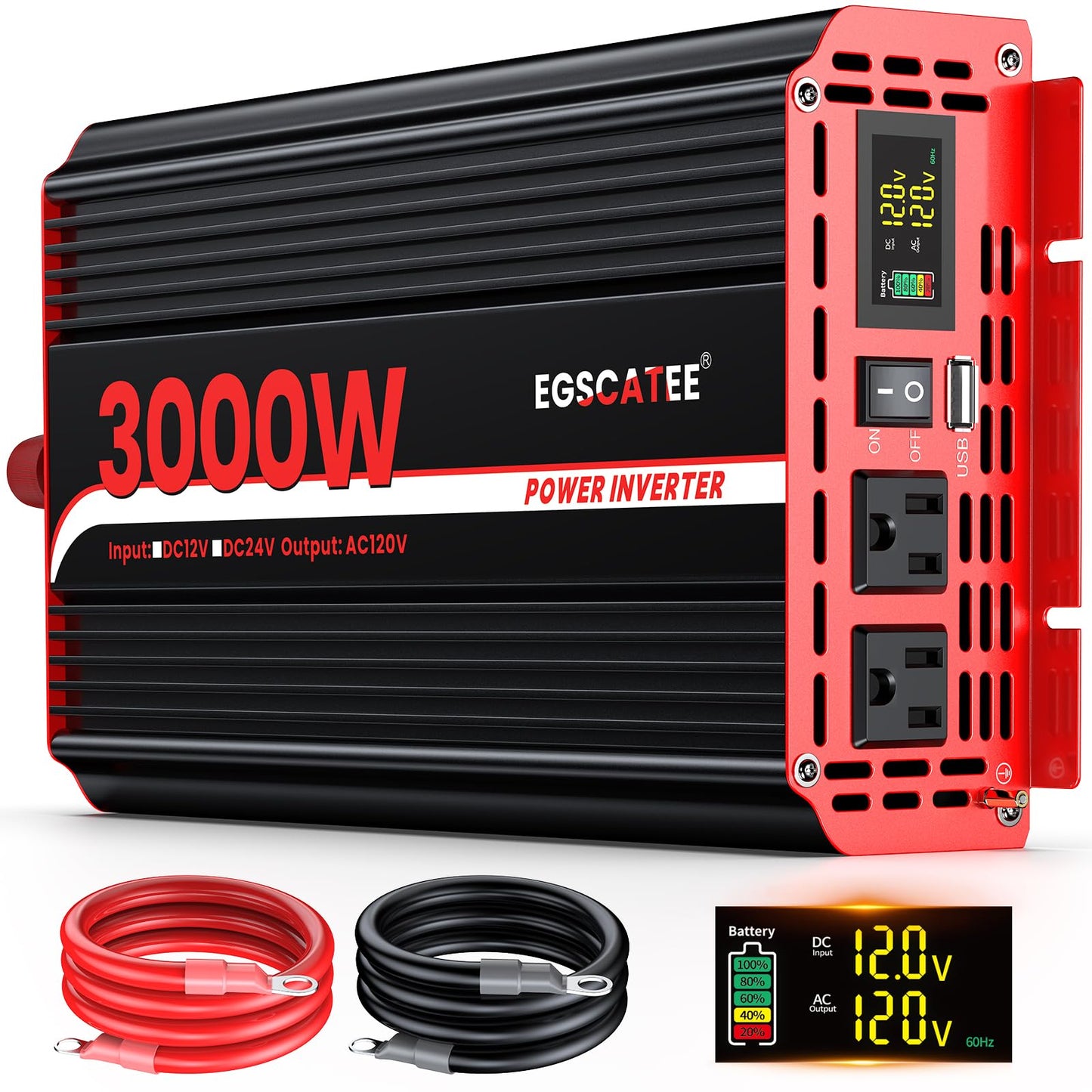 3000 Watts Power Inverter 12V DC to 110V/120V AC Converter Peak Power 6000W Car Inverter with LCD Display, 2 AC Outlets, 3.1A USB Port for RV, Camping,Truck, Boat, Off-Grid Solar System