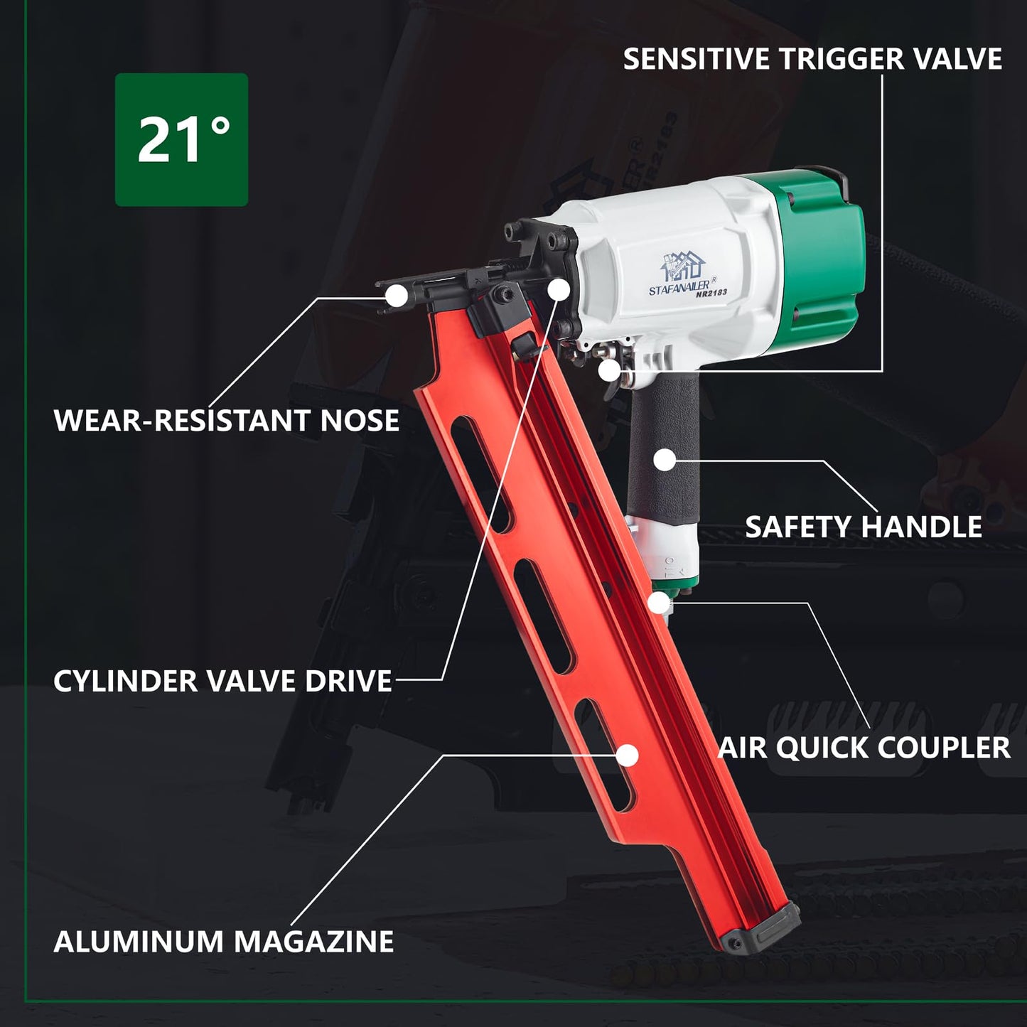 High Speed Mexican Style NR2183 21 Degree Aluminum Magazine Framing Nailer, Pneumatic Framing nail gun, 2-Inch up to 3-1/4-Inch Plastic Collated Full Head Framing Nails, Framing, Wooden House Building