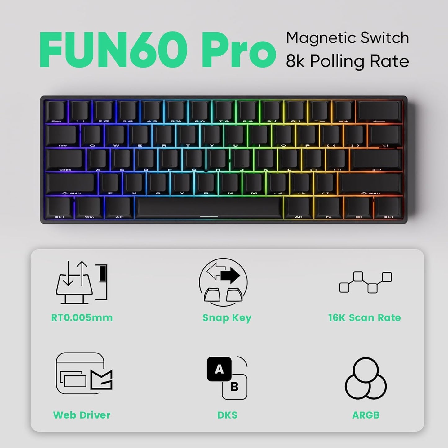 MONSGEEK FUN60 16k 60% Pro Rapid Trigger Gaming Keyboard Scan Rate SP Magnetic Switch HE Keyboard Wired Black