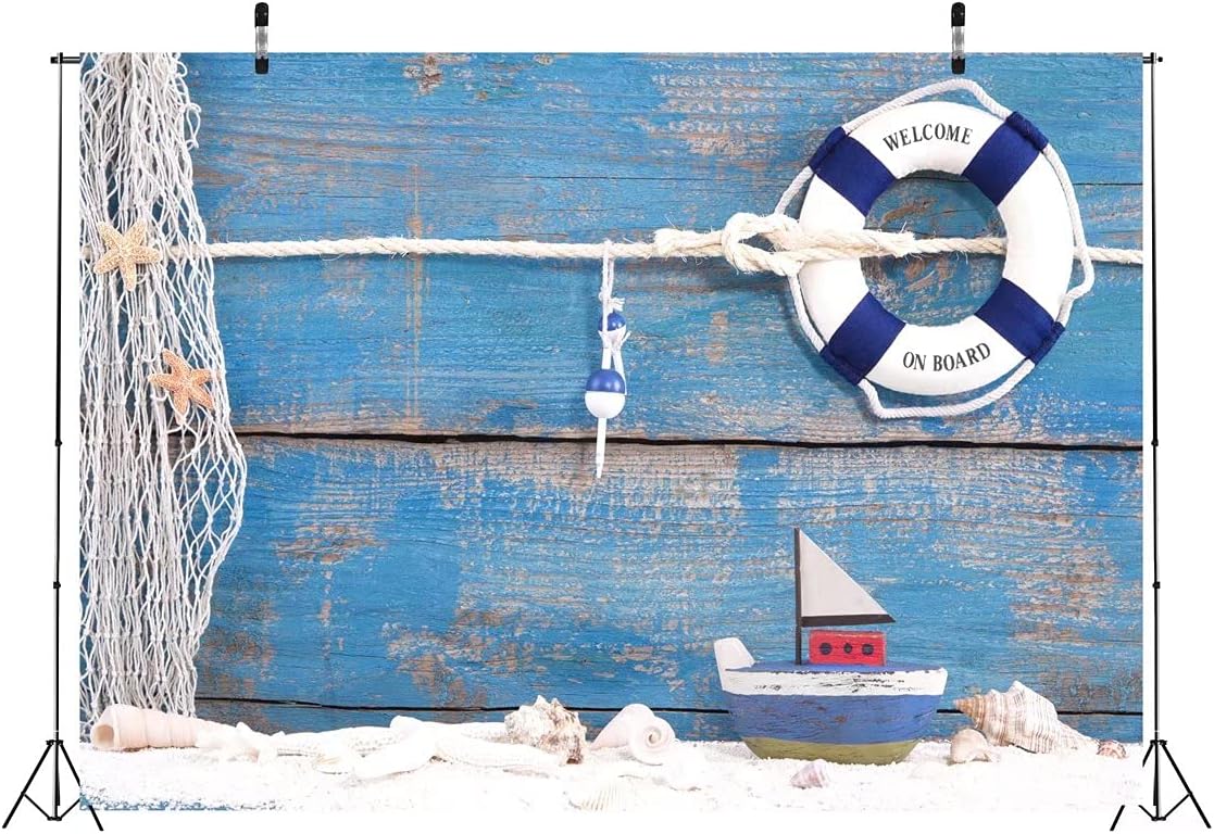 BELECO 10x6.5ft Fabric Nautical Backdrop Life Buoy and Toy Boat Shells on Blue Wooden Background Phtography Backdrop
