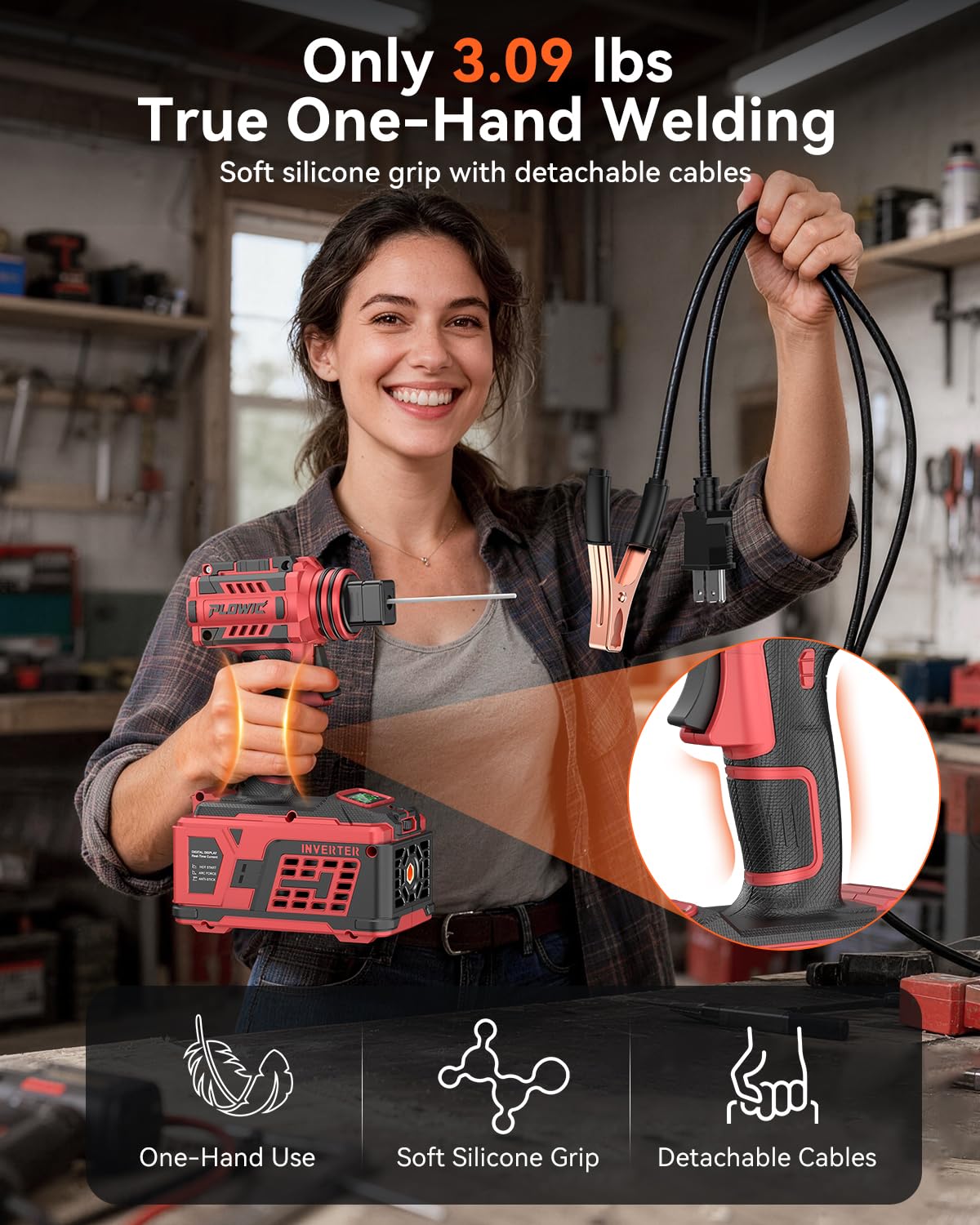 PLOWIC Portable Welding Machine:【2026 Upgraded】110V Handheld Welder with Balanced Design, LCD Display & 3 Modes (MMA/Hot Start/Arc Force), 200A IGBT Inverter ARC Welder Gun Fits 1/16"-1/8" Rods, Red