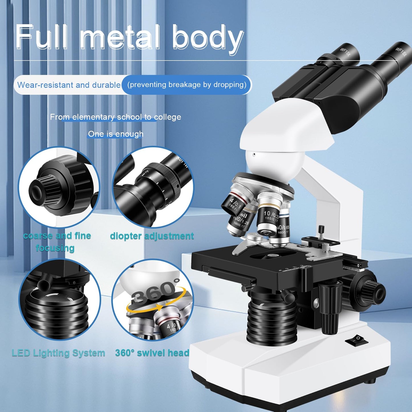 Woehrsh Microscope for Adults WF10x and WF25x eyepieces, 40X-2000X Magnification USB Camera, Microscope for Adults Suitable for Laboratory School (Large Model Binocular Electronic Eyepiece)