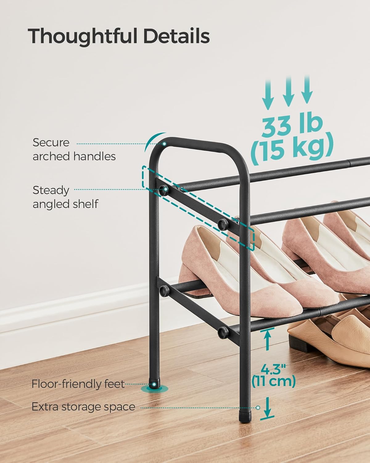 SONGMICS Expandable Shoe Rack - Adjustable 2-Tier Organizer for 15 Pairs - Metal Storage Solution in Ink Black
