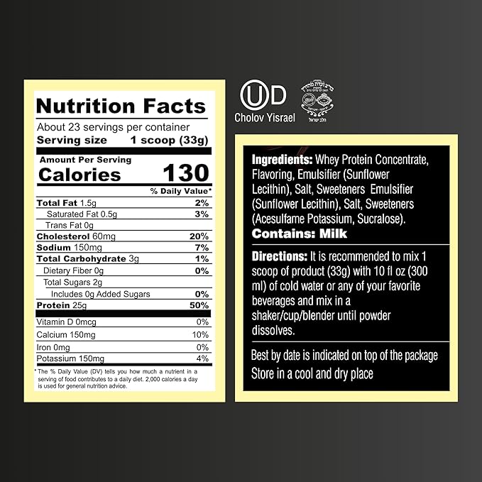 French Vanilla Whey Protein Powder. 25g Protein, 5.5g BCAA, Cholov Yisroel Kosher, Gluten-Free, Sugar-Free, Keto-Friendly, Smooth Mixing Post-Workout Protein Shake Powder, 26.4oz (23 Servings)