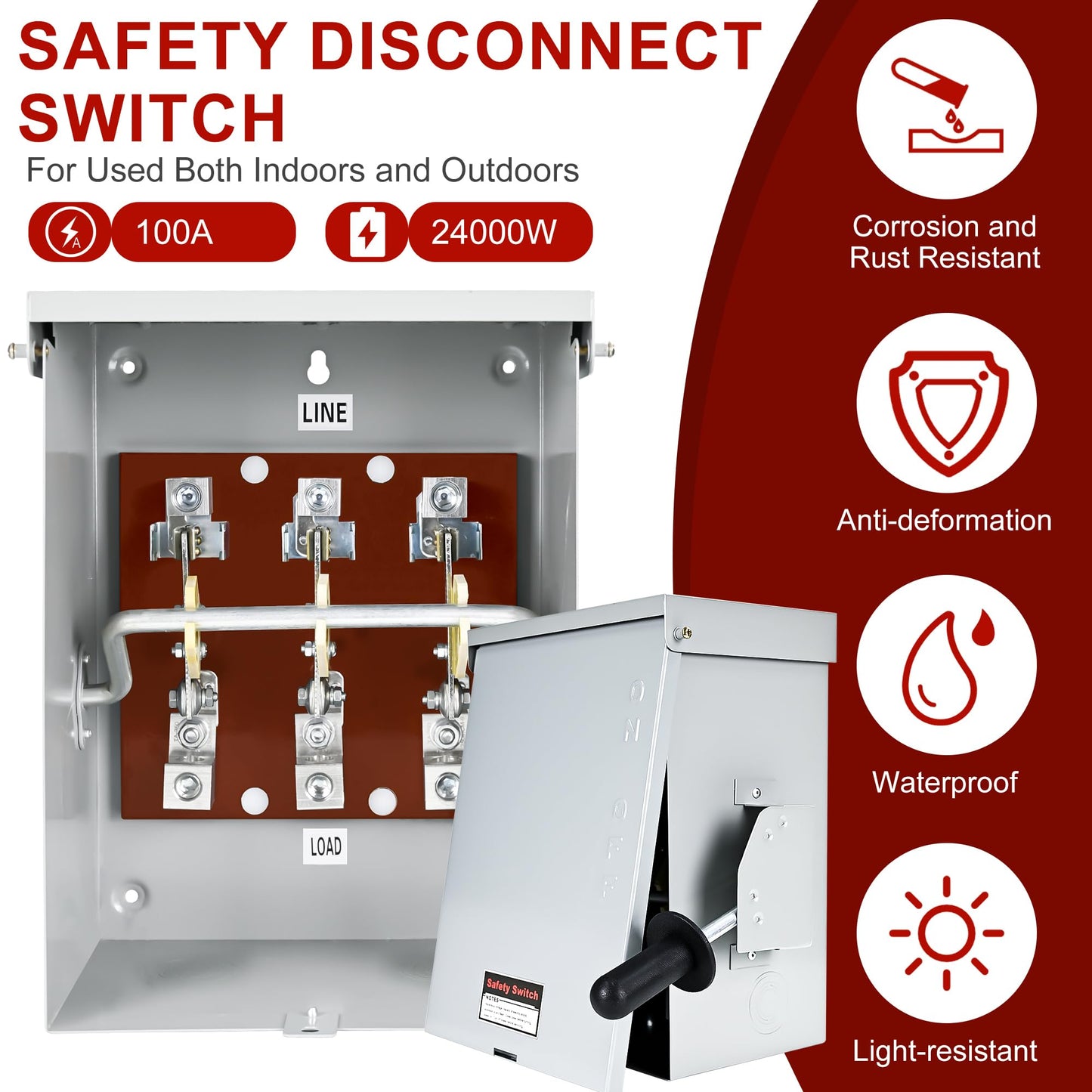 100-Amp, 3 Pole 120V/240V General Safety Switch, Non-Fused AC Disconnect Switch Box, Outdoor&Indoor, NEMA-3R Enclosure, Anti Corrosion and Rust Prevention with Ground Kit (100A)