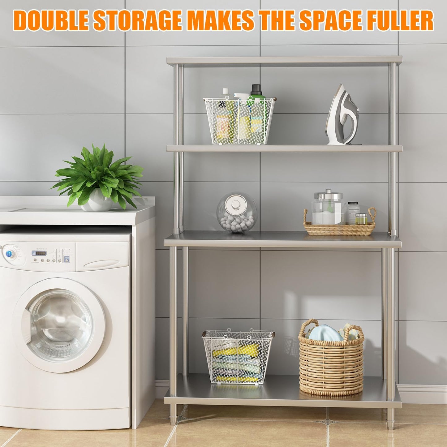 GarveeHome Heavy Duty Stainless Steel Double Overshelf for Commercial Kitchen - 2-Tier Adjustable Shelf (12 in x48 in) - 360 LB Capacity - Restaurant Prep Table, Workbench, Home & Garage Storage Rack