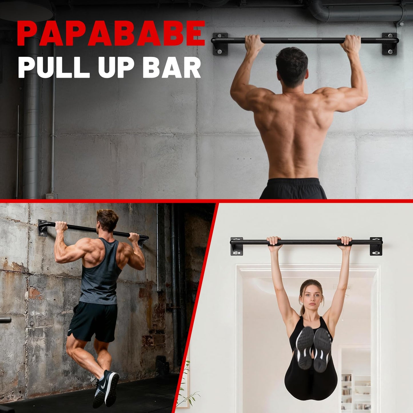 PAPABABE Wall Mounted Pull Up Bar, Chin Up Bar, Strength Training Pull-Up Bars Chin Up Bars for Home Gym, 500LBS Weight Capacity (Black 36 inch)