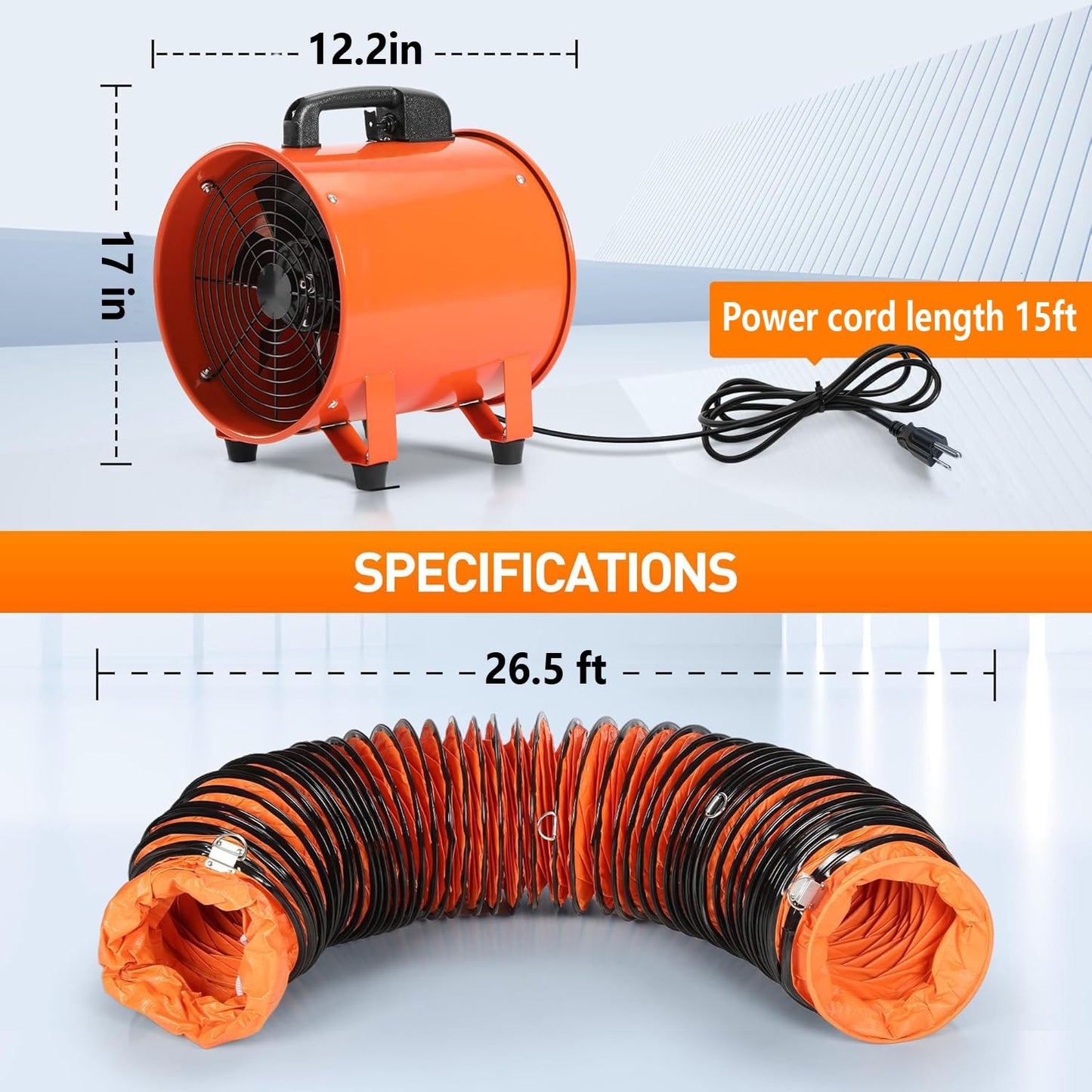 12-Inch Industrial Blower Fan, High-Powered 3200 CFM Portable Blower/Exhaust Fan with 27ft Flexible Hose, 15ft Cable/Plug, Heavy-Duty Exhaust Fan for Construction, Workshops All-copper wire motors