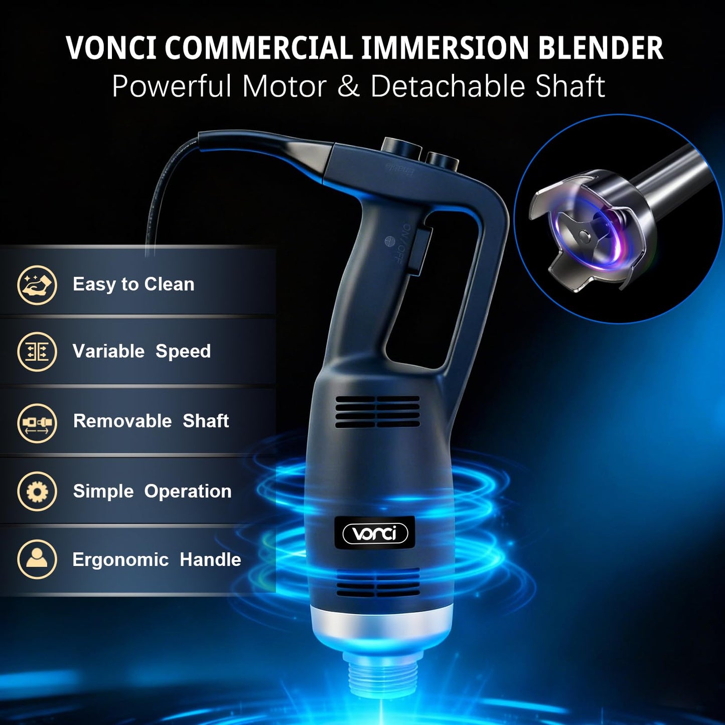 VONCI 500W Commercial Immersion Blender Handheld, 20" 304 Removable Shaft, Heavy Duty Stick Blender with Variable Speed 6000-20000RPM, Long Hand Mixer for Professional Kitchen Use.
