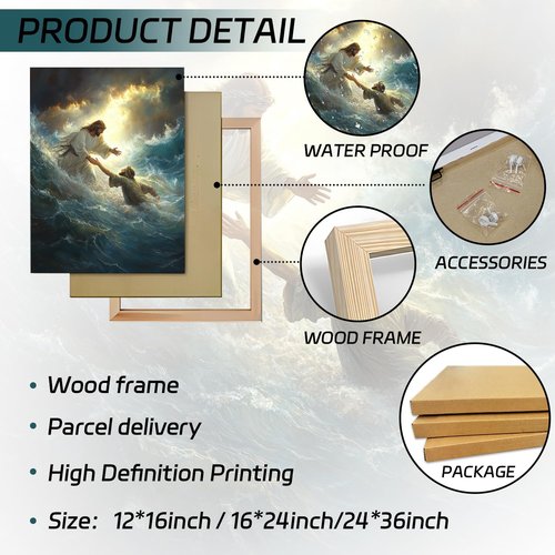 Jesus Wall Art by KFYMP - Inspiring Canvas Print of Jesus Rescuing Peter - 12x16 Inch Christian Decor