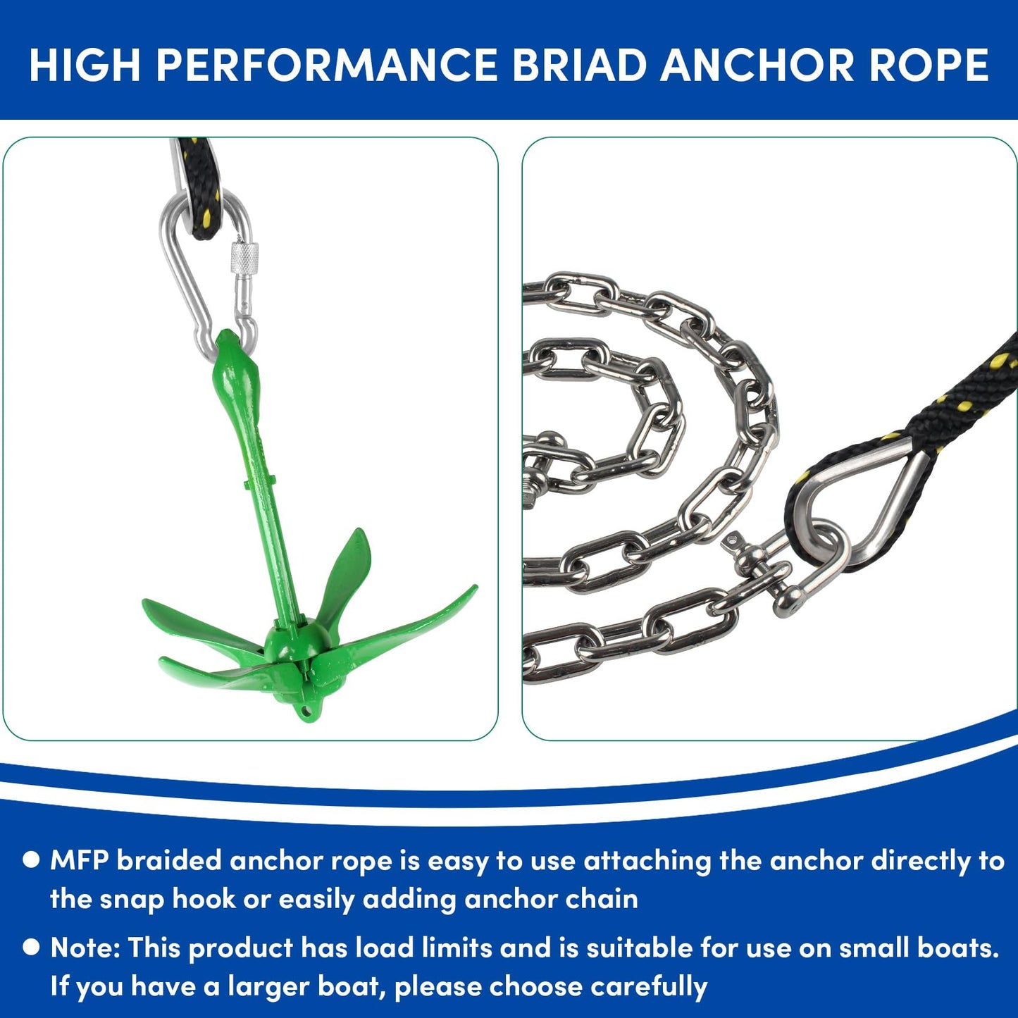 BALAVA Anchor Rope 50FT x 3/8in,Premium Solid MFP Braided Anchor Rope Anchor Line,Boat Anchor Rope with Stainless Steel Thimble & Snap Hook,Boat Rore Marine Rope for Anchors and Boats(Black/Yellow)