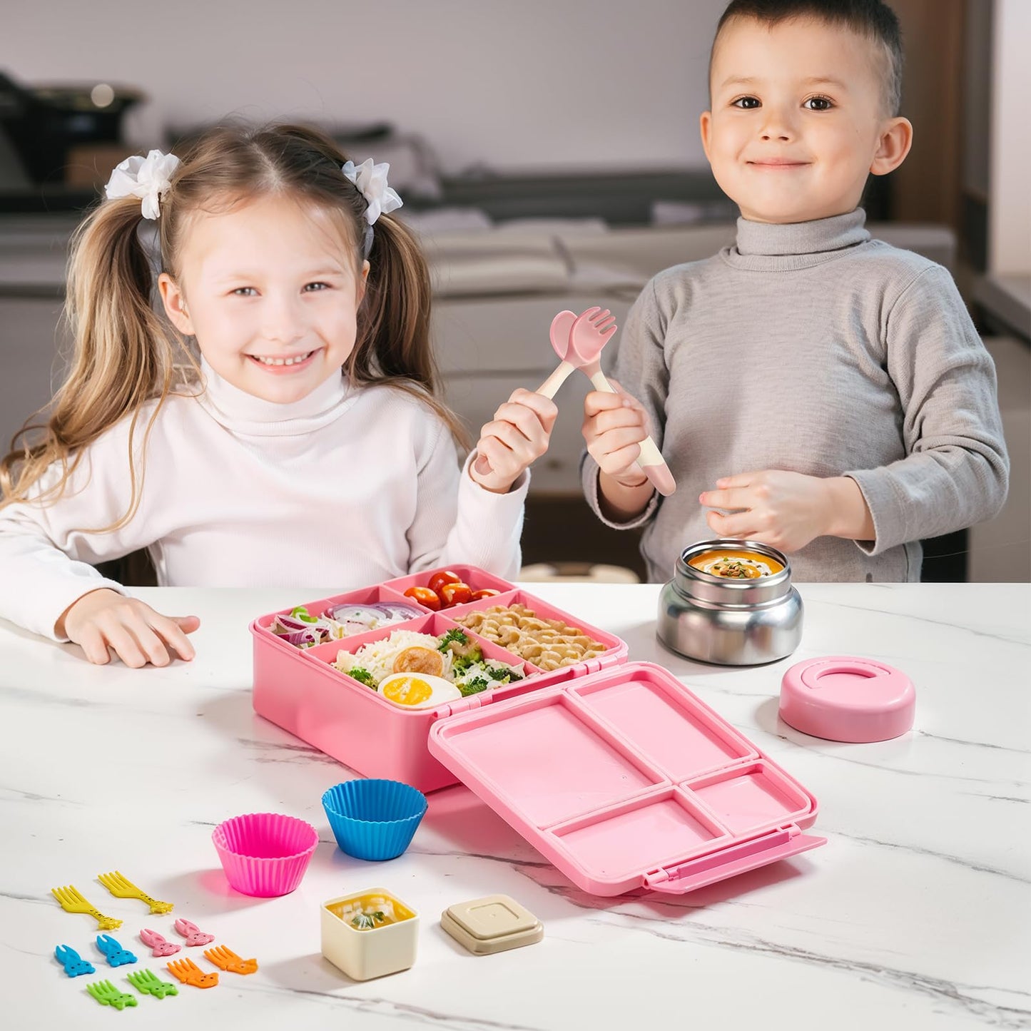 JSLOVE Bento Lunch Box with Leak Proof Thermos Food Jar for Kids, Food Lunch Containers for Girls with 4 Compartments, BPA-Free with Utensils, Food Picks, Sauce Jar & Silicone Lunch Box Dividers