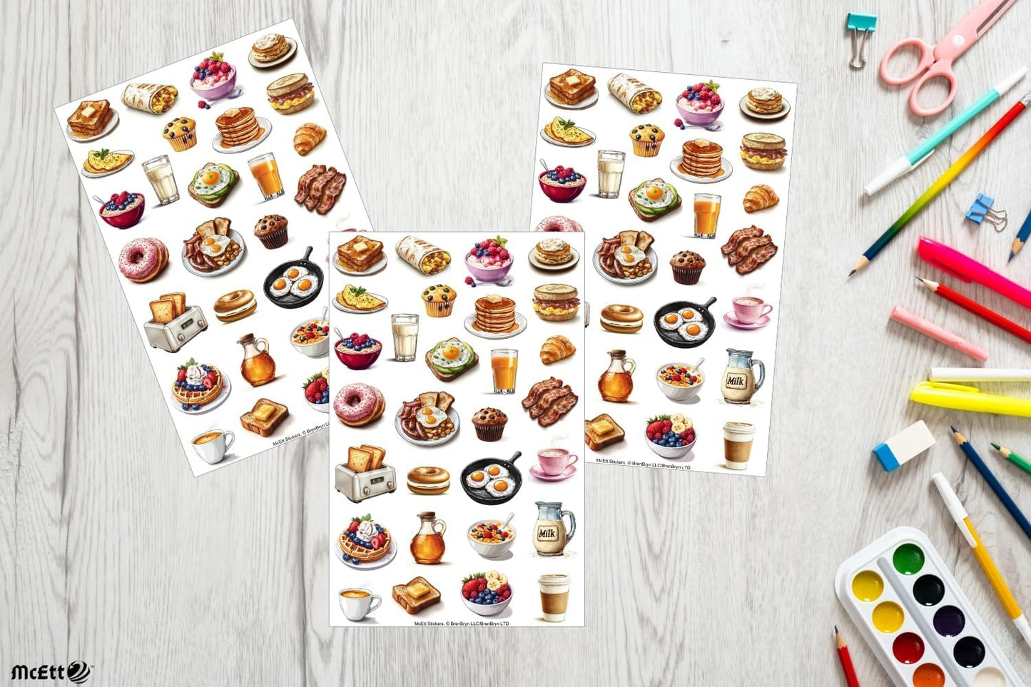 McEtt 5 Pack (145 Breakfast Food Sticker Sheets Aesthetic Illustrated Breakfast & Brunch Food Stickers Sheet Pieces)