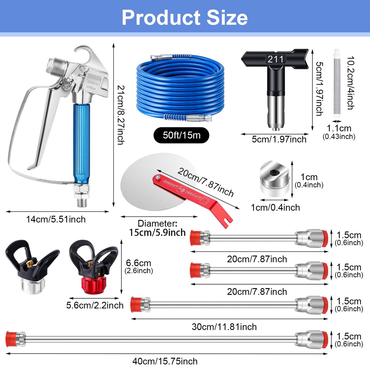 Gyfent 22Pcs Airless Paint Sprayer Gun Kit, 3600PSI Spray Gun with 50Ft x 1/4“ NPT Airless Paint Sprayer Hose & 6Pcs Reversible Spray Tips & Guide Tool & 4Pcs Extension Wand & 6Pcs Filters