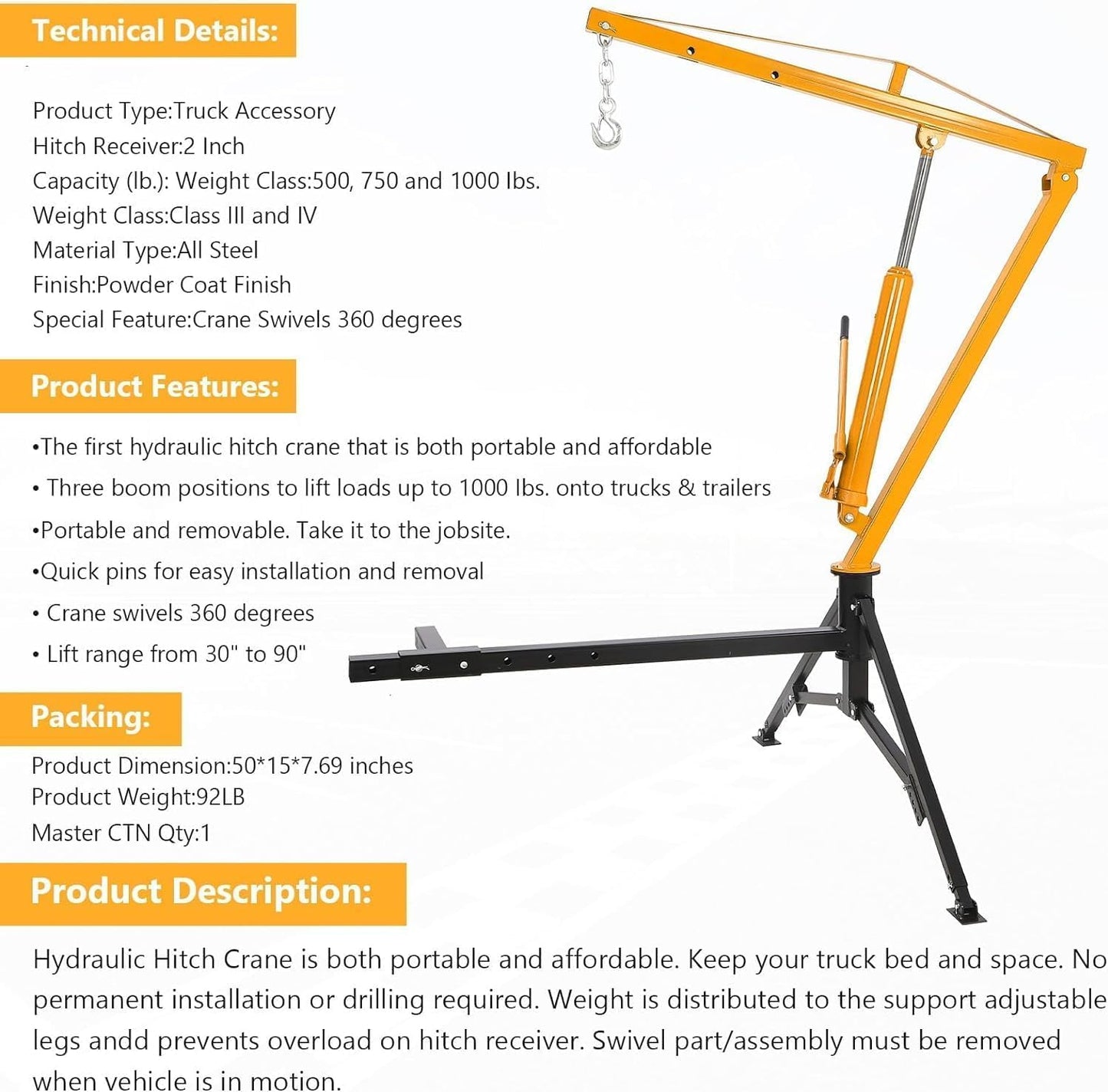 EliteEdge 1000 LBS Hydraulic Pickup Truck Crane, 360° Swivel Hitch Mounted Hoist with 3 Adjustable Booms, Truck Bed Crane for Lifting Engine, Deer, or Construction Goods