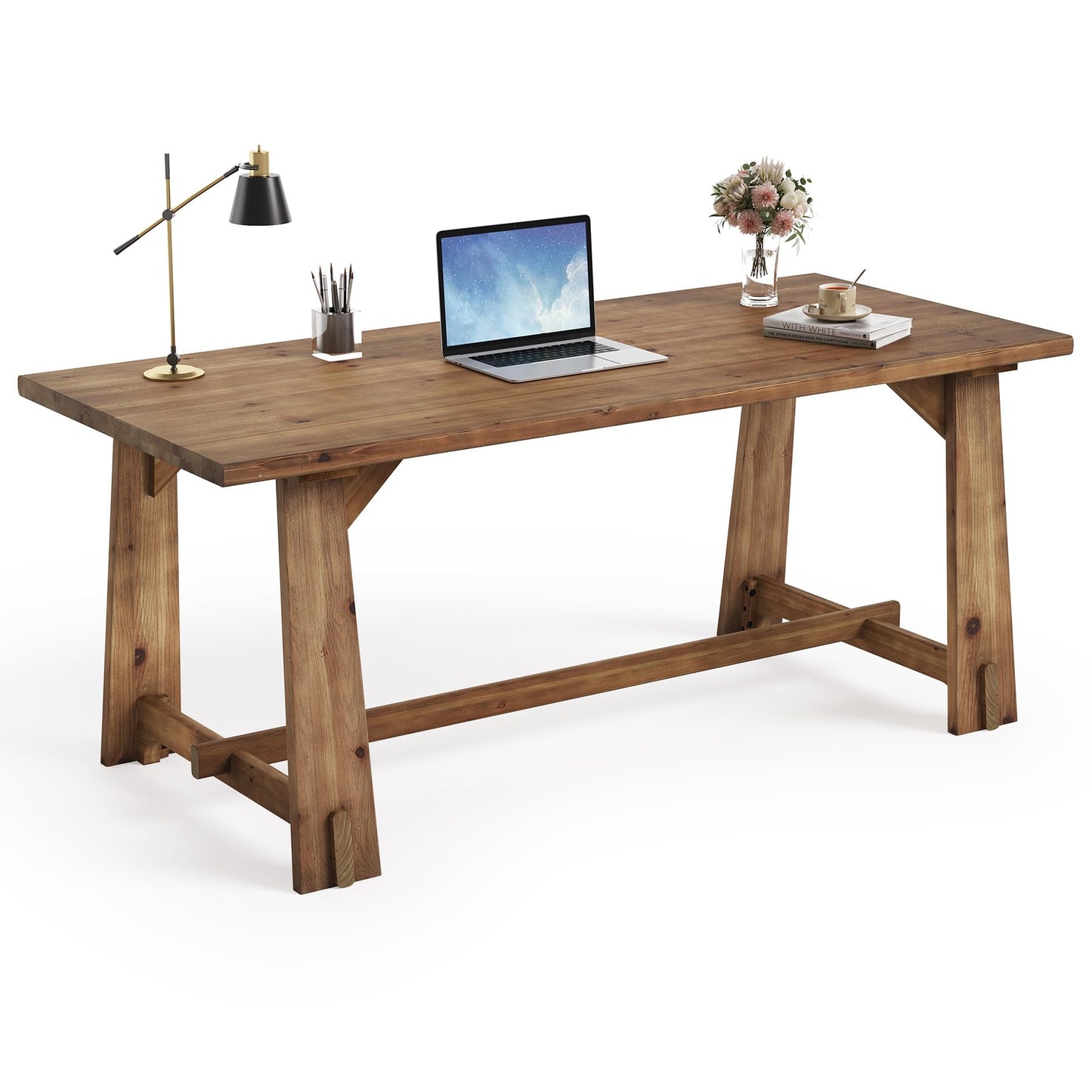 LITTLE TREE 63" Solid Wood Office Desk, Farmhouse Executive Computer Desk, Large Work Writing Table, Rustic Brown Home Office Workstaticon, Business Furniture