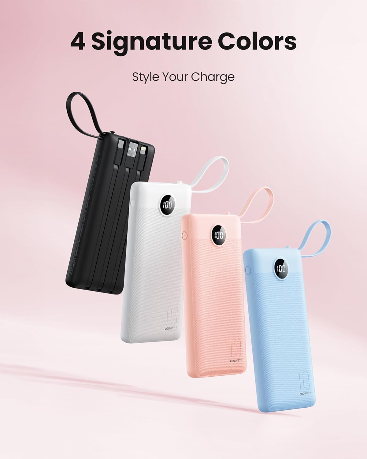 Coowisty 10000mAh Pack 5 2 Portable Power Bank, Slim Portable Charger with Built-in Cables, External Battery Outputs