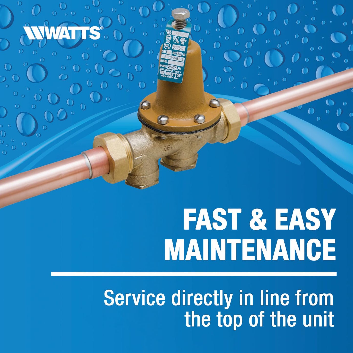 Watts LF25AUB-Z3 Series 3/4" Lead-Free Cast Copper Silicon Alloy Water Pressure Reducing Valve, Solder Union Outlet x NPT Female Outlet, Polymer Seat, Adjustable Pressure 25 to 75 psi, Maximum 300 psi
