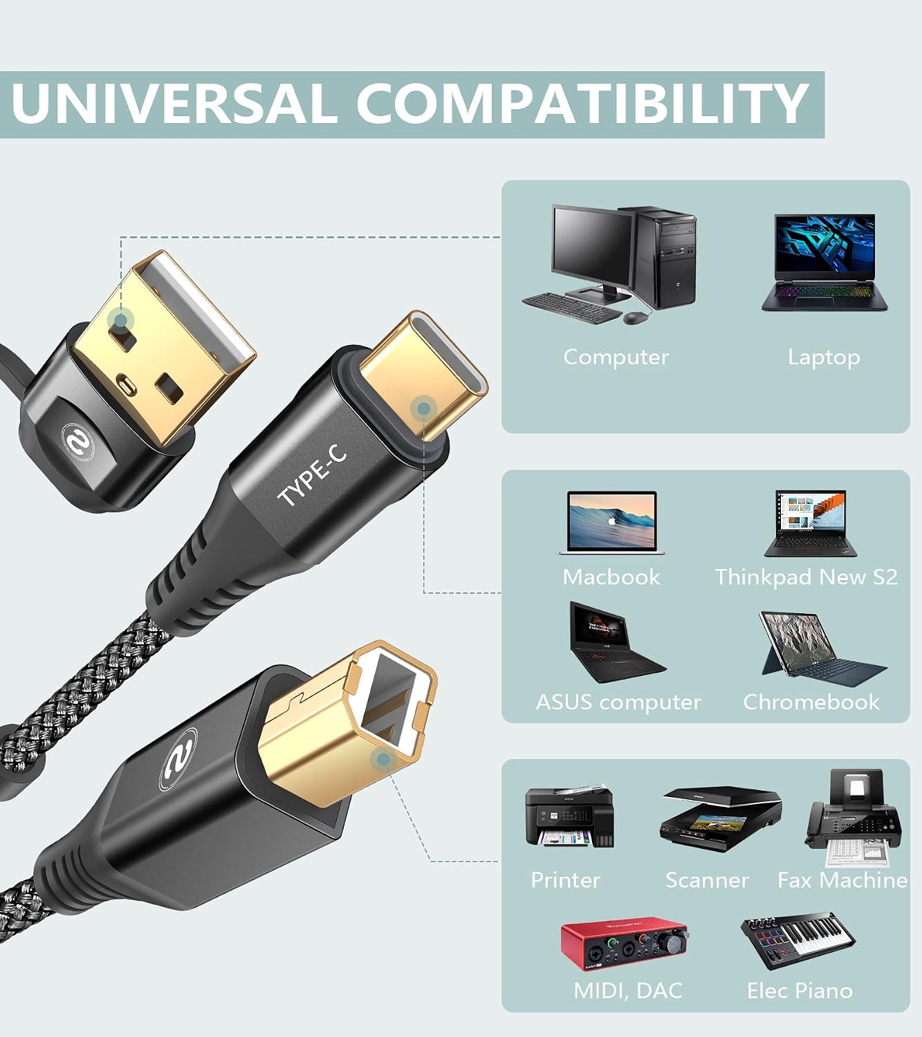 2-in-1 [2-Pack, 6.6FT] USB-A/C to USB-B Printer Cable USB C MIDI Cable Nylon Braid High-Speed Printer Cord for MacBook