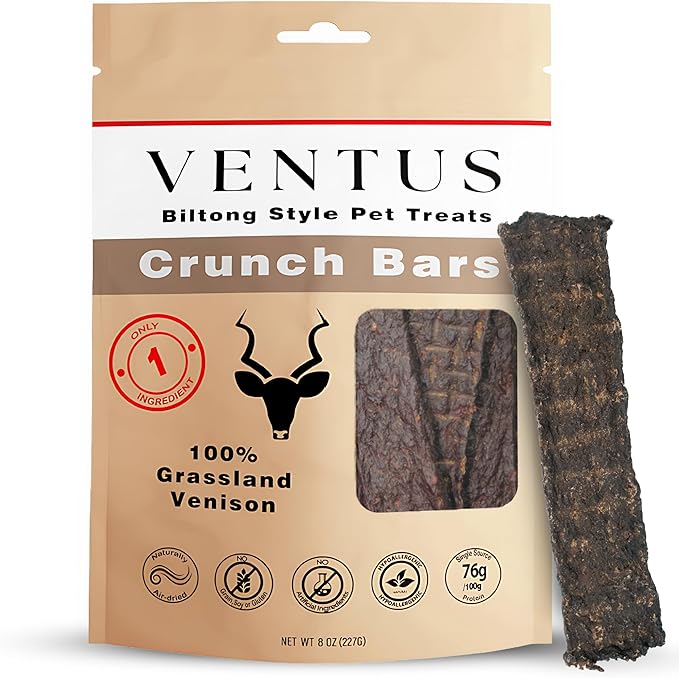 VENTUS Jerky Crunch Bars - Single Ingredient Venison Jerky Dog Training Treats, Healthy Air Dried, High Protein, No Additives, Grain Free Dog Treat, 8 oz