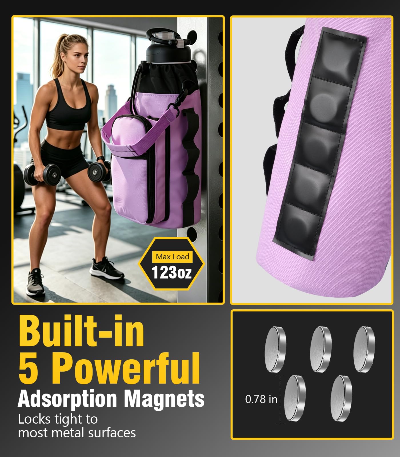 TiMOVO Magnetic Gym Bag, Water Bottle Holder with Strap & Phone Pockets, Built-in 5 Neodymium Magnets, Fits 18–40 oz Bottles, Gym Accessories for Sports, Travel, Workout, Lilac