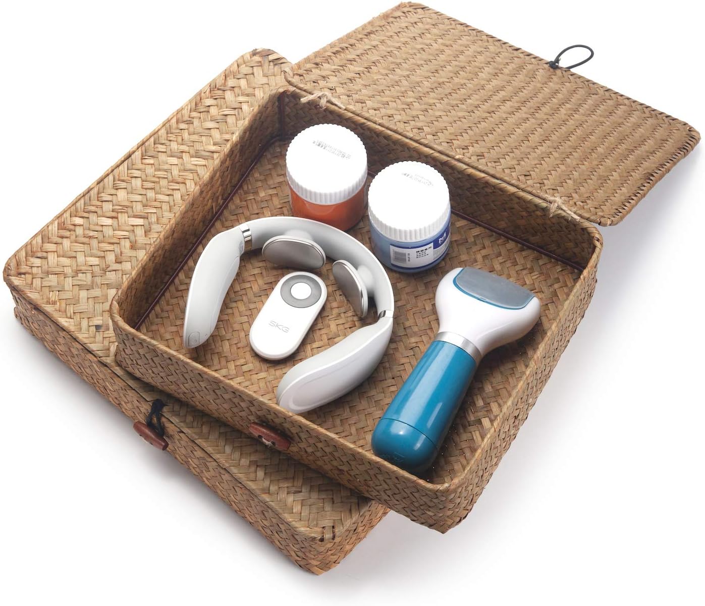 Seagrass Storage Basket Set - Rectangular Woven Bins with Lid for Organizing Snacks & Toys | Natural Finish (Large & Small)