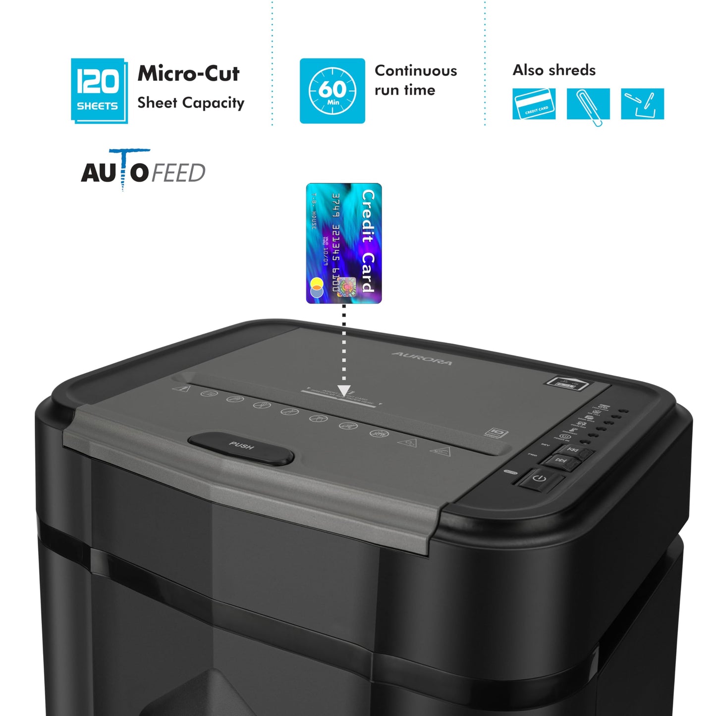 Aurora High Security 120-Sheet Auto Feed Micro-Cut Paper and Credit Card Shredder with 5 Gallon Pullout Basket / 60 Minutes/Security Level P-5