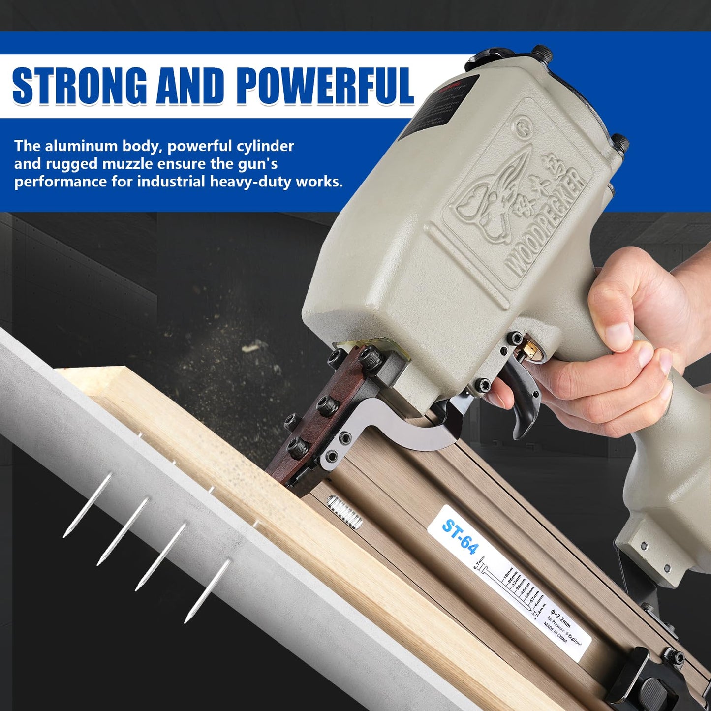 WOODPECKER ST64 Pneumatic Concrete T Nailer Kit with 1-1/2-Inch (38mm) T Nails × 800PCS
