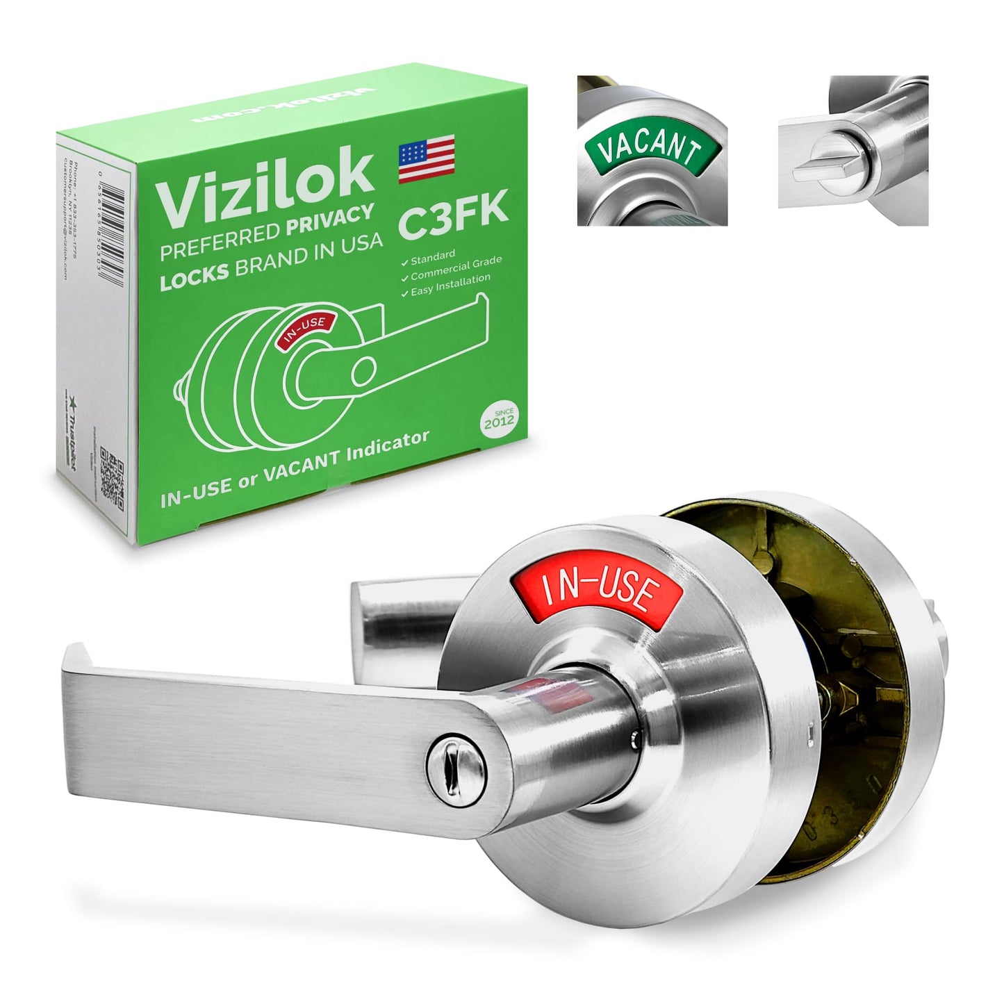 VIZILOK Commercial Door Lock for Bathroom Privacy, Safety, Standard Indicator Lock in Satin Chrome, ANSi Grade2, Perfect for Restaurants, Medical Offices, Airbnb, Dorms, Gyms, Fitting Room